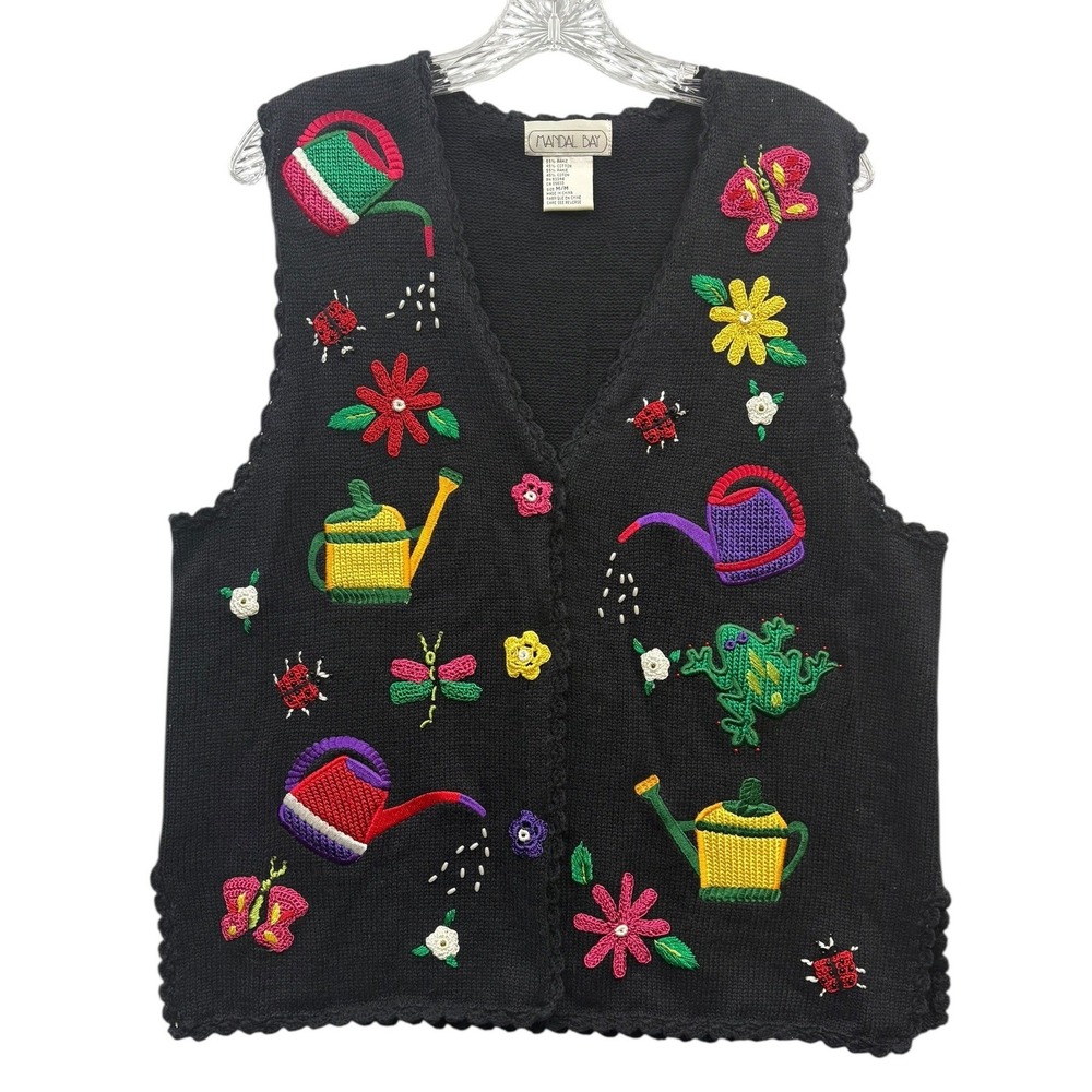 Vintage‎ Mandal Bay Embroidered Garden Sweater Vest Novelty Spring Cottagecore M
